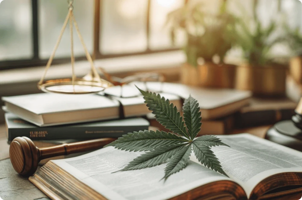 Cannabis leaf on law book — cannabis education resources at O'Buds Cannabis